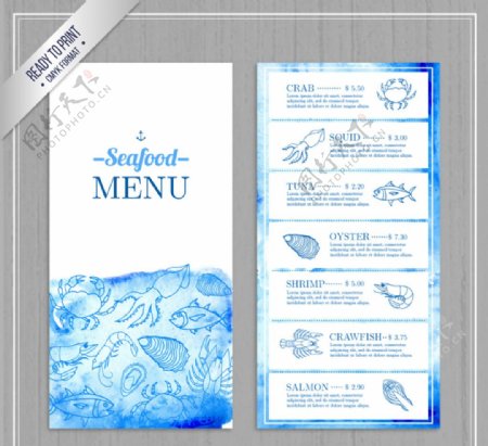 彩绘蓝色海鲜店菜单设计