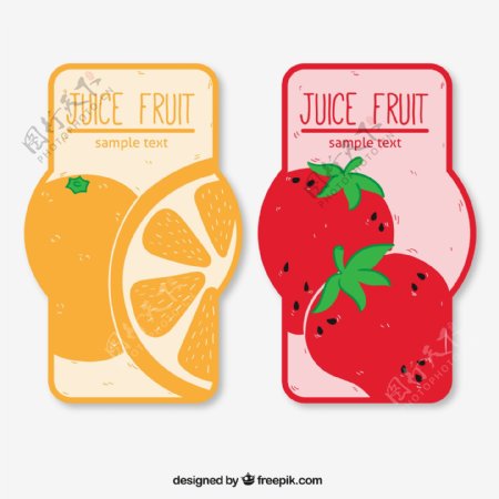 2款彩色果汁橙子和草莓标签矢量素材