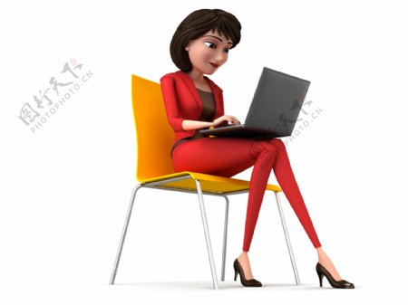 椅子上拿着电脑的卡通女人图片