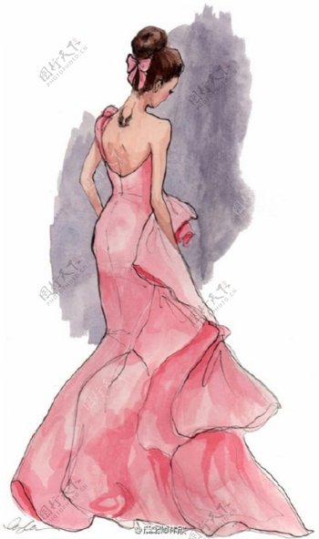 粉色露背礼服设计图