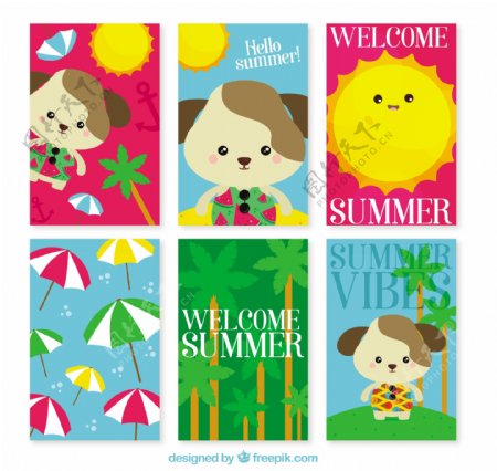 可爱的狗和其他装饰元素夏季卡片