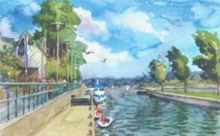 小河风景油画图片