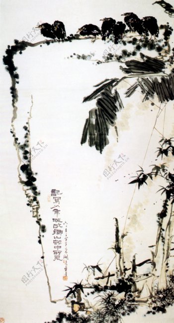 水墨乌鸦植物绘画图片