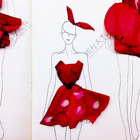 红色花瓣灵感连衣裙设计图