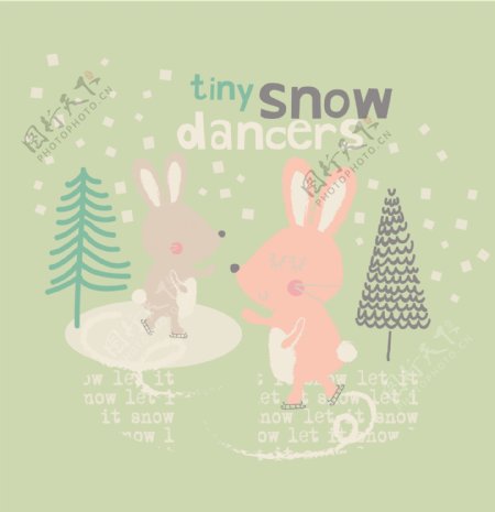 雪地里玩耍的兔子可爱下雪主题服装图案矢量