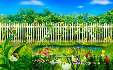 白篱笆和花朵以及蝴蝶图片