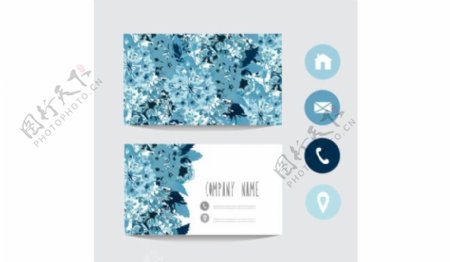 蓝色花卉名片模板与社会图标矢量