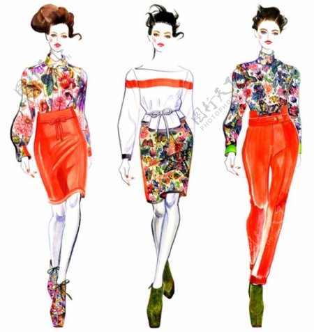 3款红色花朵女装设计图