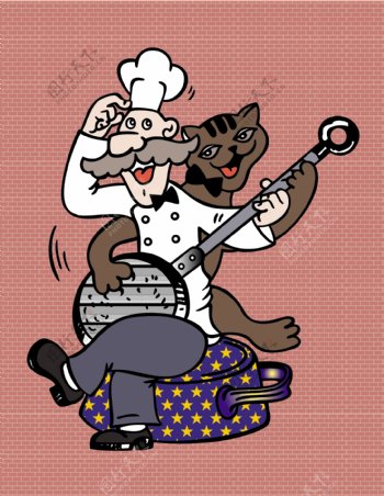 卡通儿童画系列厨师与猫