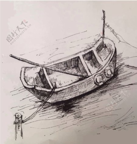 针管笔手绘小船木船