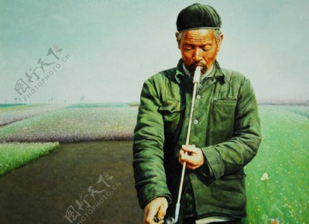 吸烟斗的东方老人油画图片