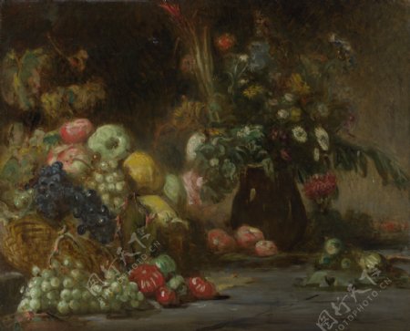 水果与花瓶油画图片