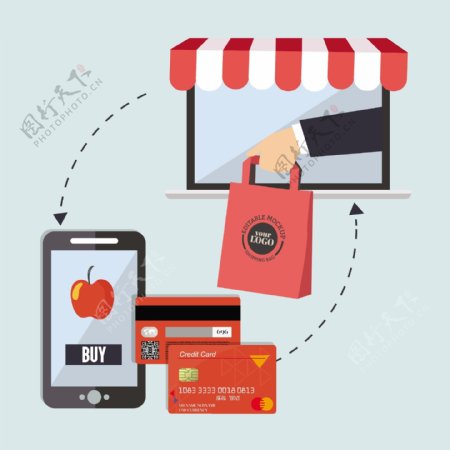 电子商务概念背景的智能手机信用卡图标