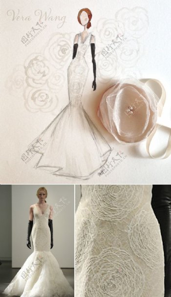 针雕花纹婚纱长裙设计图