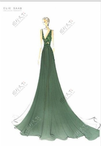 绿色深V长裙设计图
