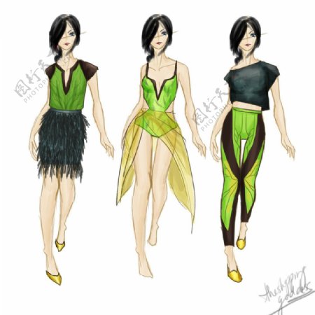 三款绿色时尚女装设计图