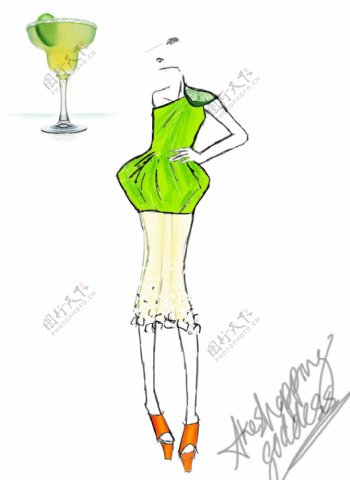 绿色单肩裙设计图