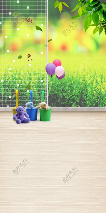 玩具熊与花草气球影楼摄影背景图片