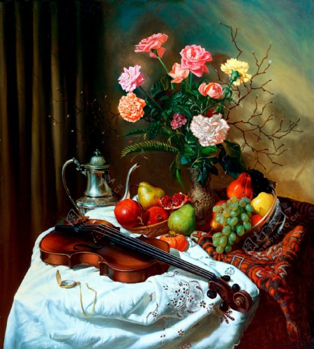 鲜花水果小提琴静物油画图片