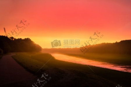 夕阳美景河流弗罗茨瓦夫奥德拉