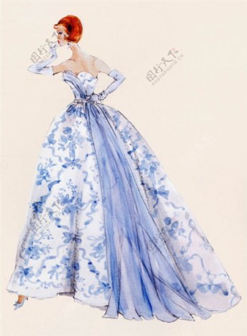 蓝色花纹抹胸长裙设计图