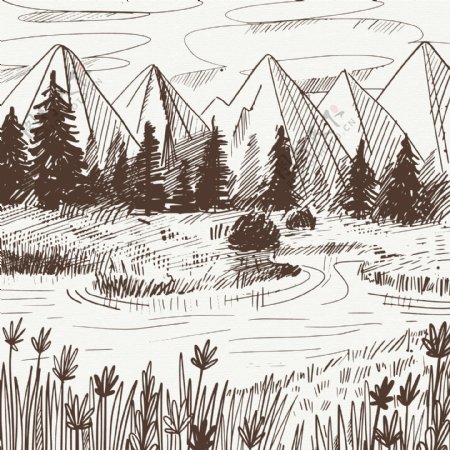 手绘素描山谷河边插图
