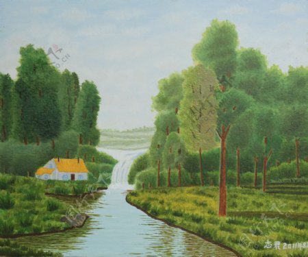 小溪风景油画图片