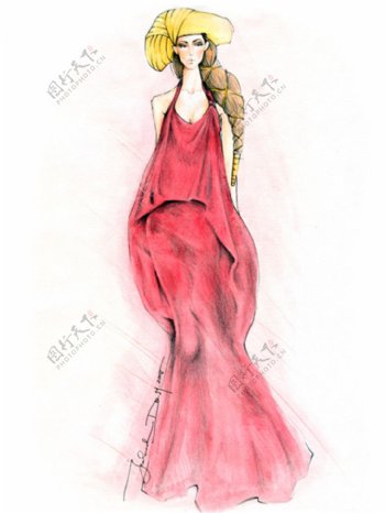 粉色吊带长裙设计图
