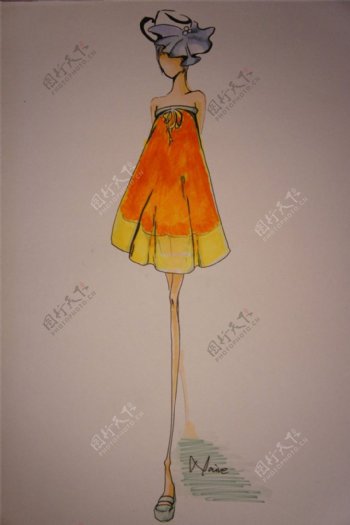 橙黄连衣裙设计图