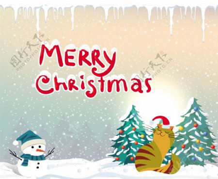 复古与雪人圣诞贺卡设计和猫自由向量