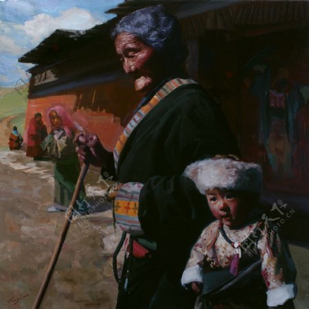 藏族老人儿童油画写生图片
