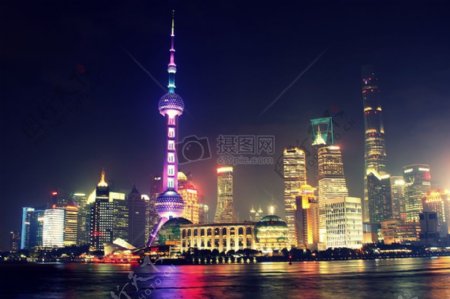 城市灯光夜晚地平线摩天大楼亚洲中国上海高楼林立