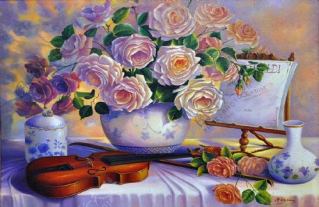 油画花卉与小提琴图片