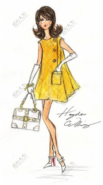 黄色格子连衣裙设计图