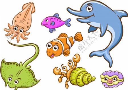 7款卡通大眼睛海洋动物矢量素材