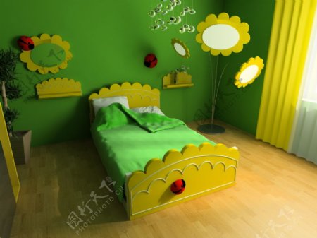 黄绿色系太阳花儿童房间装饰效果
