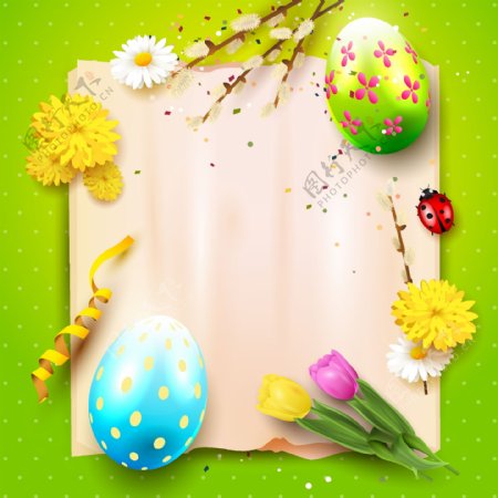 绿色背景复活节彩蛋花卉告示板矢量设计素材