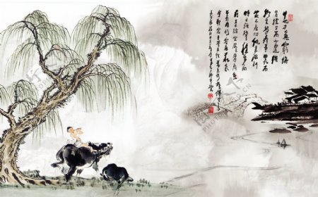 中国风山水柳树牧童