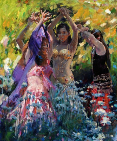 花丛中跳舞的一群性感美女油画图片