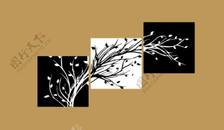 幸福树树植物树叶黑白画装饰画装饰矢量无框装饰画三格装饰画