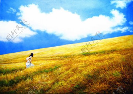 草原上的美女油画图片