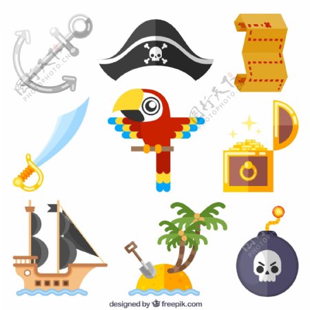 鹦鹉海盗冒险元素平面设计素材