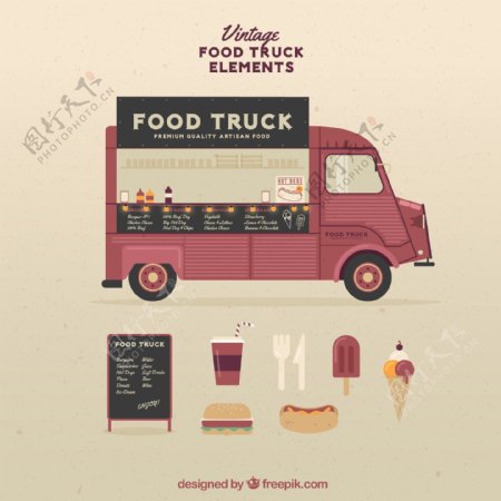 手拉的复古食品卡车与美味的食物