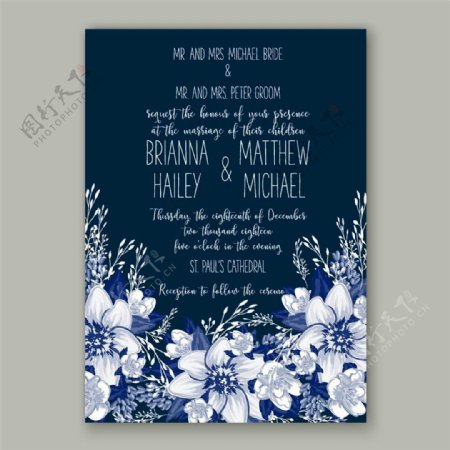 蓝色花朵花卉婚礼请贴图片