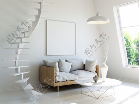 客厅的沙发与旋转楼梯渲染效果图片