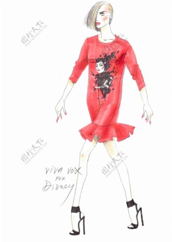 红色休闲连衣裙设计图