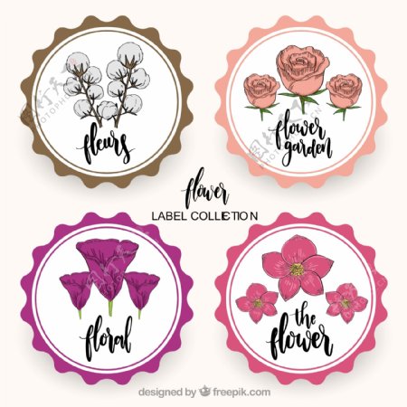 四个鲜花插图圆形标签图标