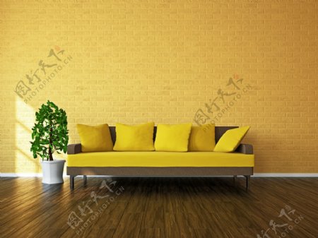 地板和黄色沙发图片