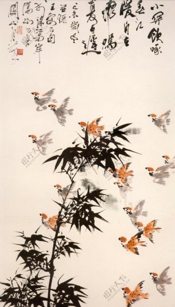 水墨竹子与飞鸟图片