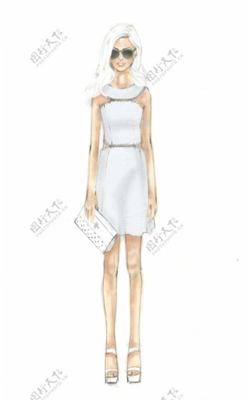 白色圆领连衣裙设计图